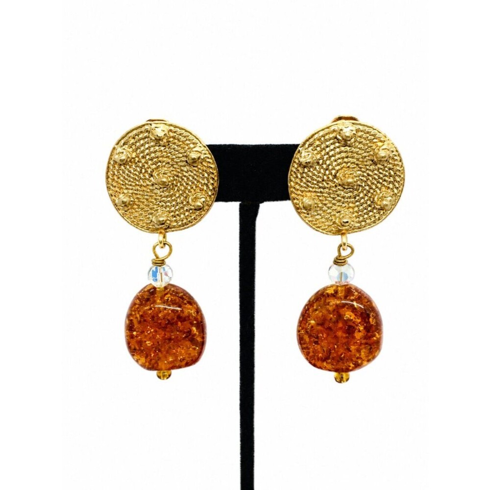 K ROACHE Earrings Faux Amber Color Resin Dangle Gold Tone Runway Vintage